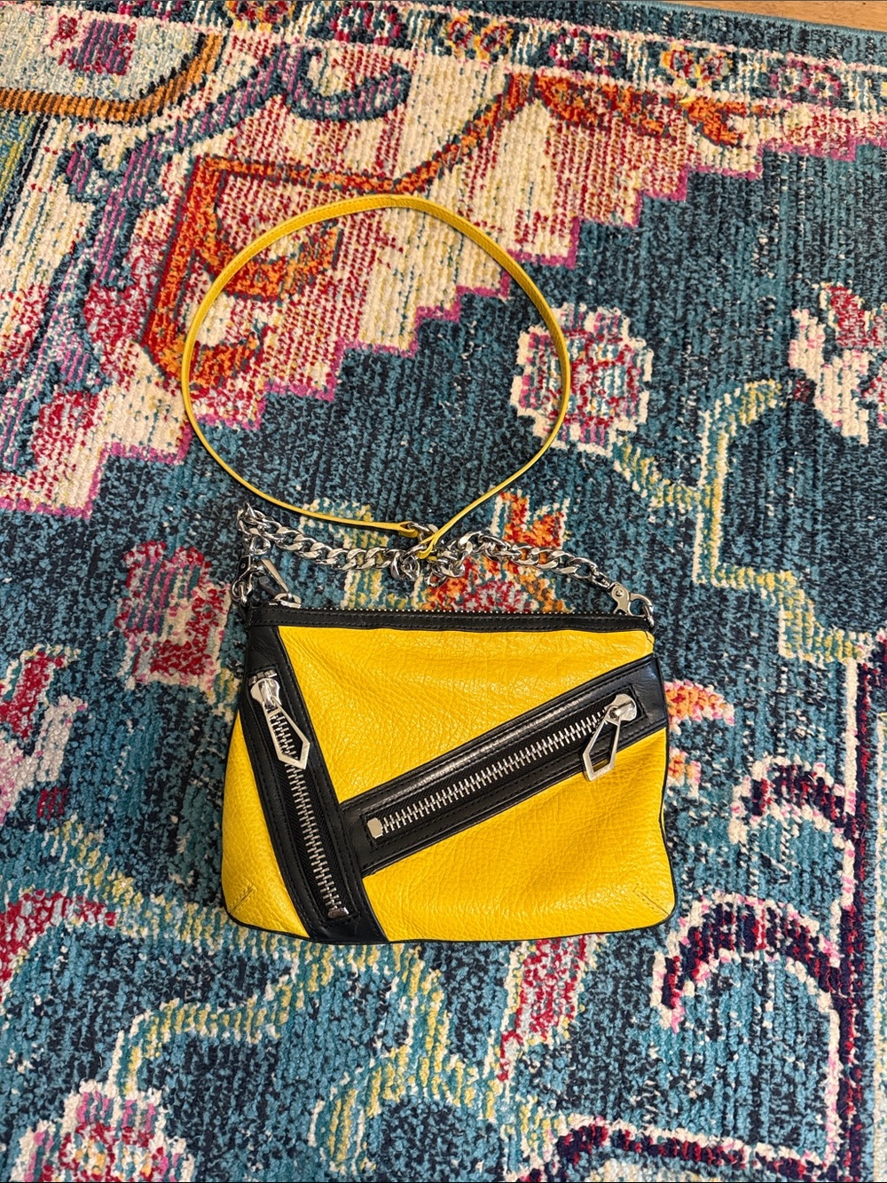 Botkier Yellow and Black Leather Crossbody with Silver Chain Detail